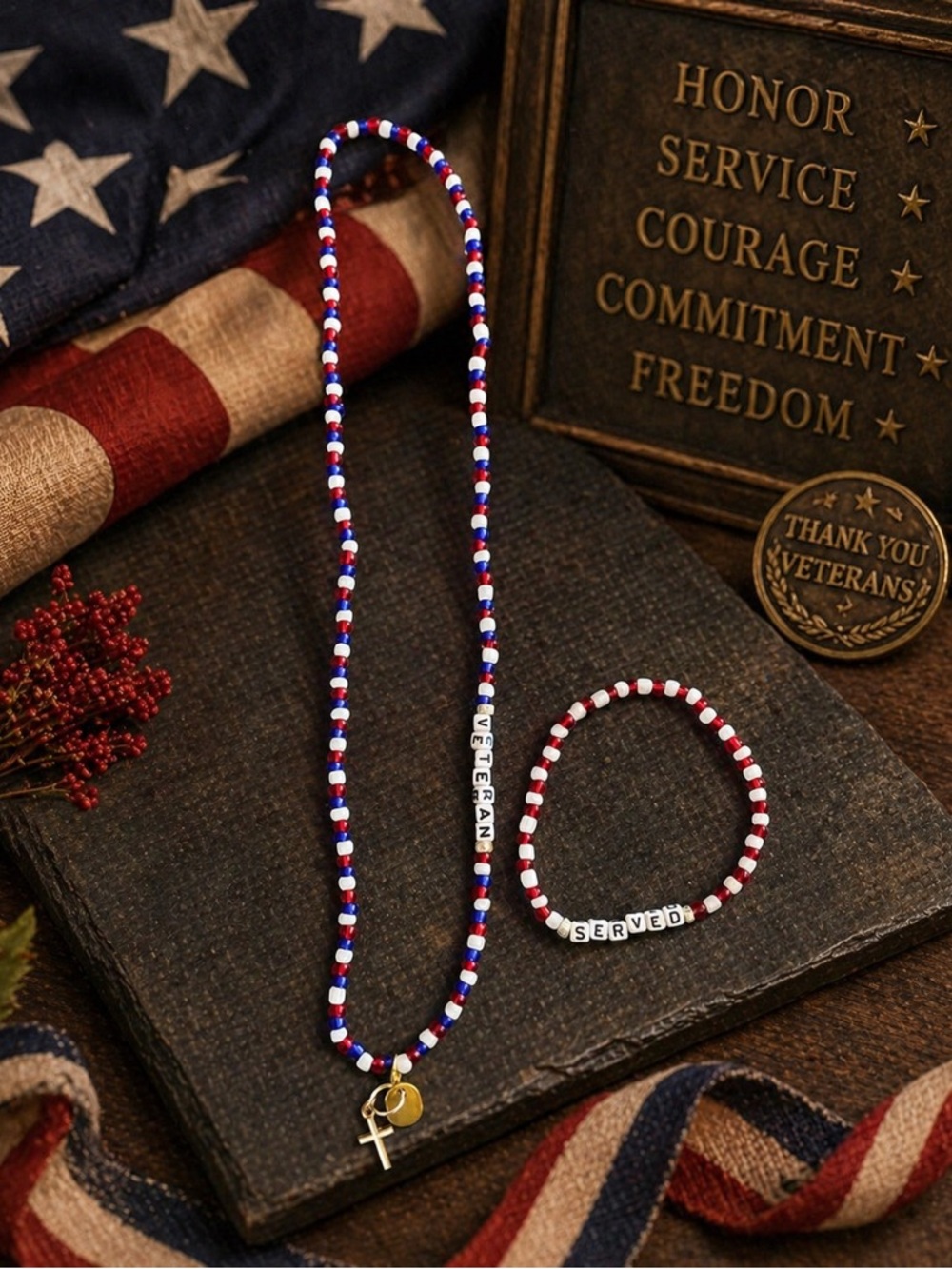 Veteran Served Patriotic Necklace & Bracelet Set 9”